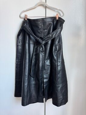 June & Vie Black Faux Leather Midi Skirt with Tie Waist